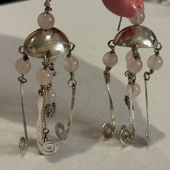 Jewelry - 925 Sterling Silver Rose Quartz Jellyfish Dangly Statement Unique Earrings